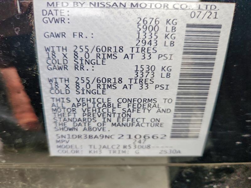 2022 Nissan Pathfinder მანქანა იყიდება აუქციონზე, vin: 5N1DR3BA9NC210662, აუქციონის ნომერი: 70688286