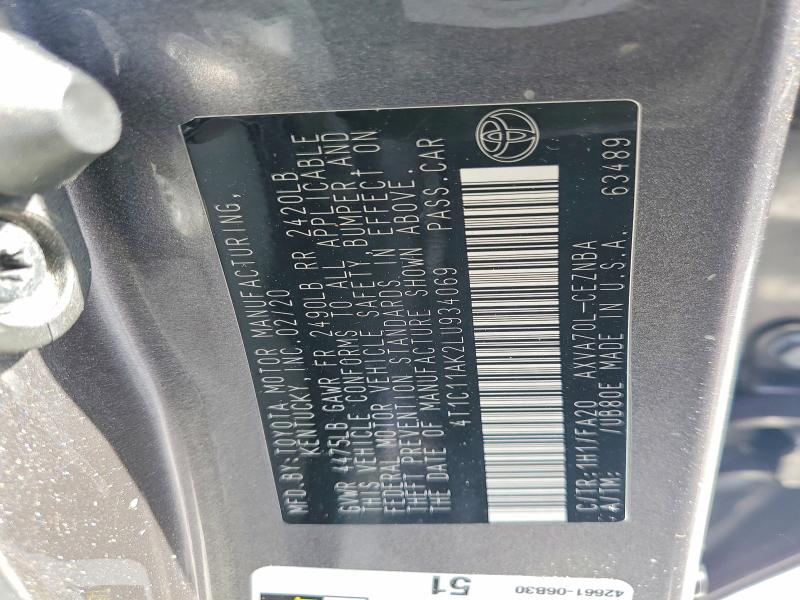 70228496 :رقم المزاد ، 4T1C11AK2LU934069 vin ، 2020 Toyota Camry مزاد بيع
