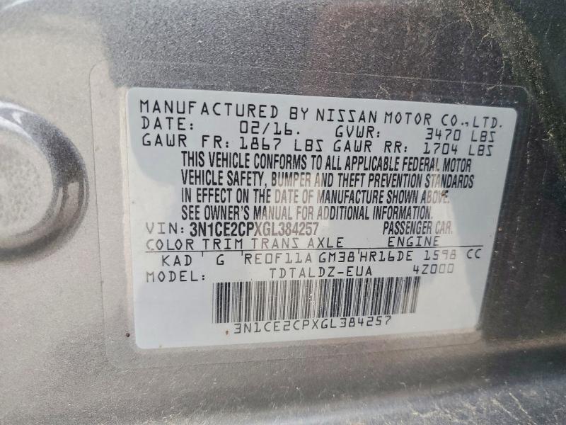 2016 Nissan Versa Note მანქანა იყიდება აუქციონზე, vin: 3N1CE2CPXGL384257, აუქციონის ნომერი: 69448866