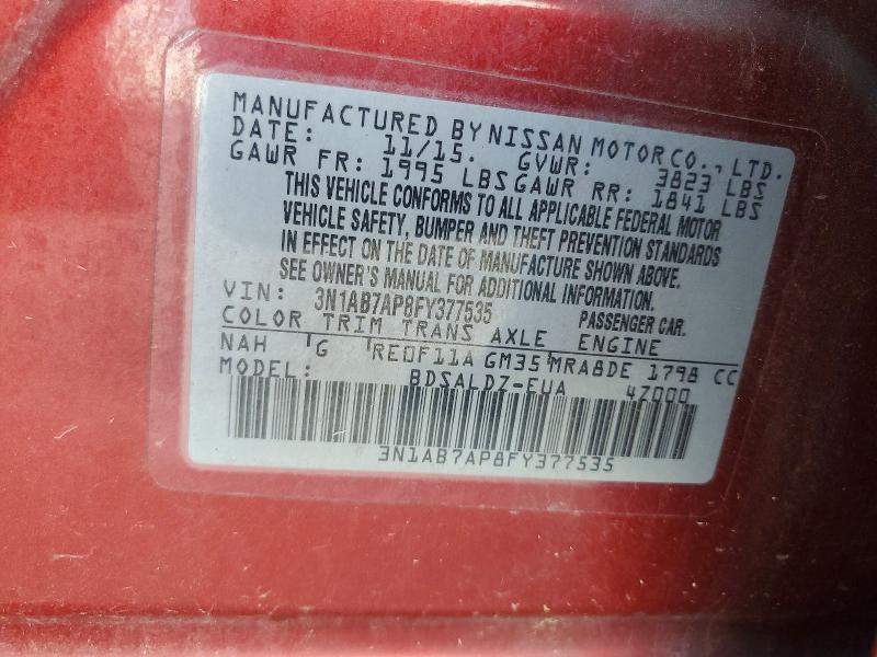 2015 Nissan Sentra მანქანა იყიდება აუქციონზე, vin: 3N1AB7AP8FY377535, აუქციონის ნომერი: 70353396