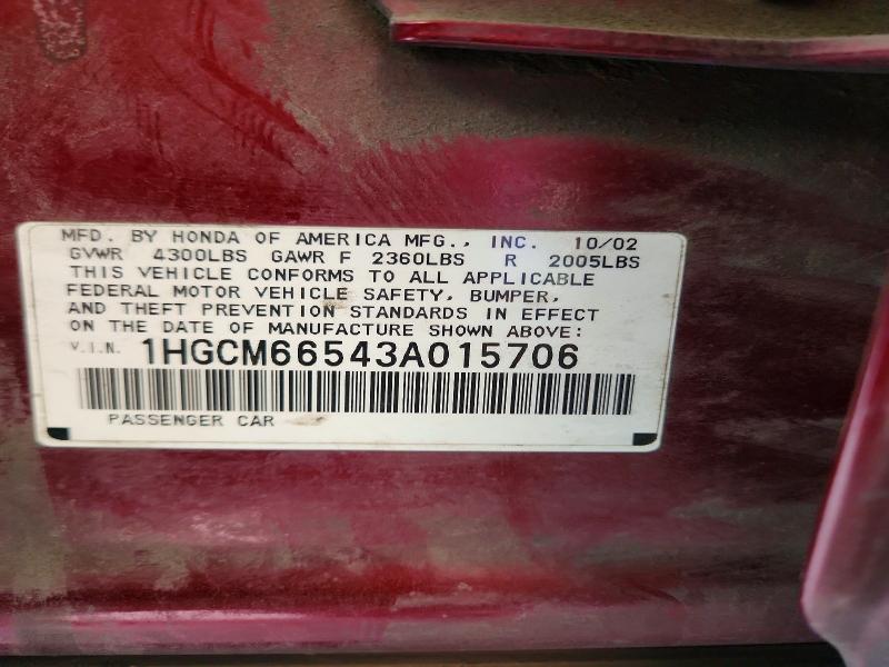 68112296 :رقم المزاد ، 1HGCM66543A015706 vin ، 2003 Honda Accord مزاد بيع