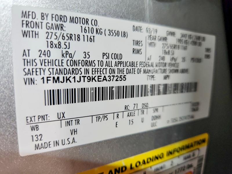 2019 Ford Expedition მანქანა იყიდება აუქციონზე, vin: 1FMJK1JT9KEA37255, აუქციონის ნომერი: 70901846