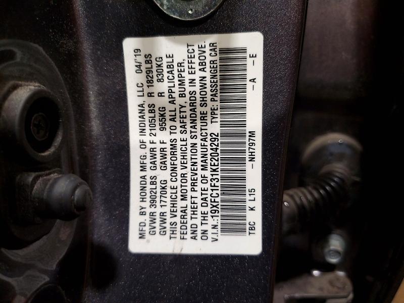 2019 Honda Civic მანქანა იყიდება აუქციონზე, vin: 19XFC1F31KE204292, აუქციონის ნომერი: 70302076