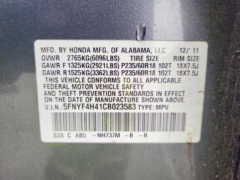 2012 Honda Pilot მანქანა იყიდება აუქციონზე, vin: 5FNYF4H41CB023583, აუქციონის ნომერი: 70037166