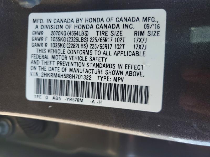 68562196 :رقم المزاد ، 2HKRM4H58GH701322 vin ، 2016 Honda Cr-v مزاد بيع