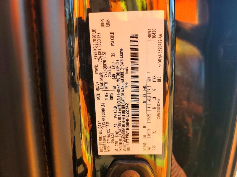 2022 Ford F150 მანქანა იყიდება აუქციონზე, vin: 1FTFW1E58NFC22342, აუქციონის ნომერი: 67010286