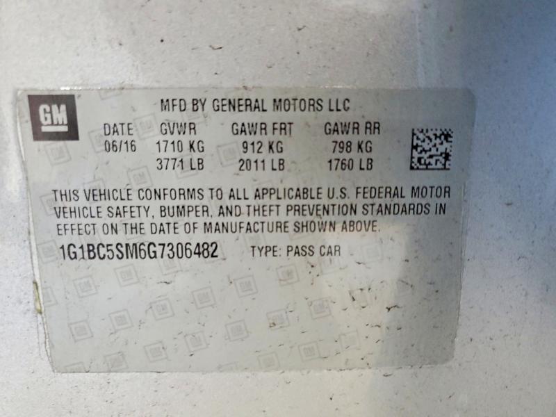 2016 Chevrolet Cruze მანქანა იყიდება აუქციონზე, vin: 1G1BC5SM6G7306482, აუქციონის ნომერი: 67904396