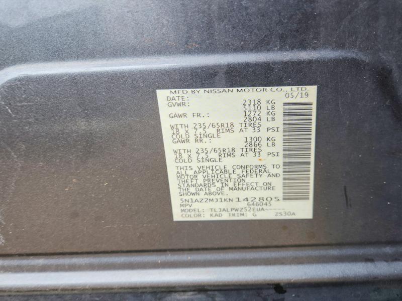 2019 Nissan Murano მანქანა იყიდება აუქციონზე, vin: 5N1AZ2MJ1KN142805, აუქციონის ნომერი: 70268216