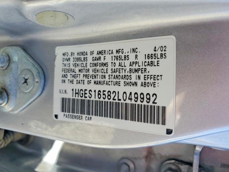 2002 Honda Civic მანქანა იყიდება აუქციონზე, vin: 1HGES16582L049992, აუქციონის ნომერი: 67302176