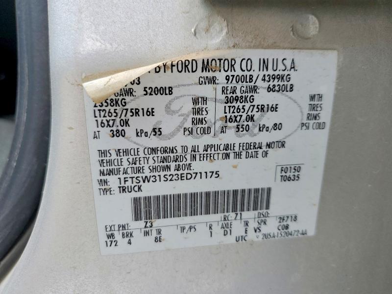 Aukcja sprzedaży 2003 Ford F350, vin: 1FTSW31S23ED71175, numer aukcji: 67713186