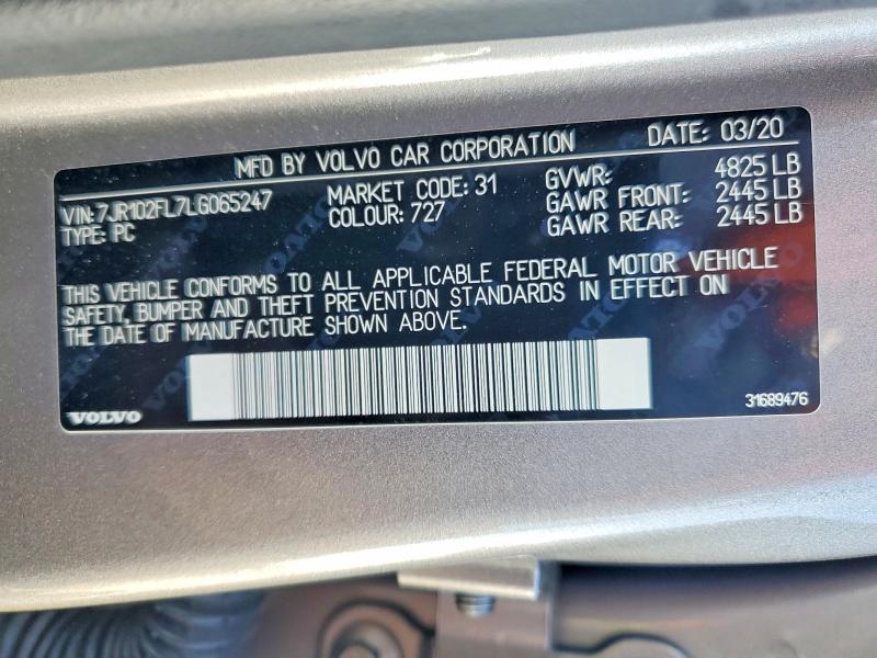 Aukcja sprzedaży 2020 Volvo S60, vin: 7JR102FL7LG065247, numer aukcji: 67505536