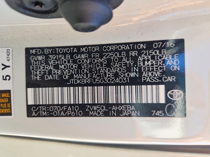 Продаж на аукціоні авто 2016 Toyota Prius, vin: JTDKBRFU5G3024031, номер лоту: 68097246