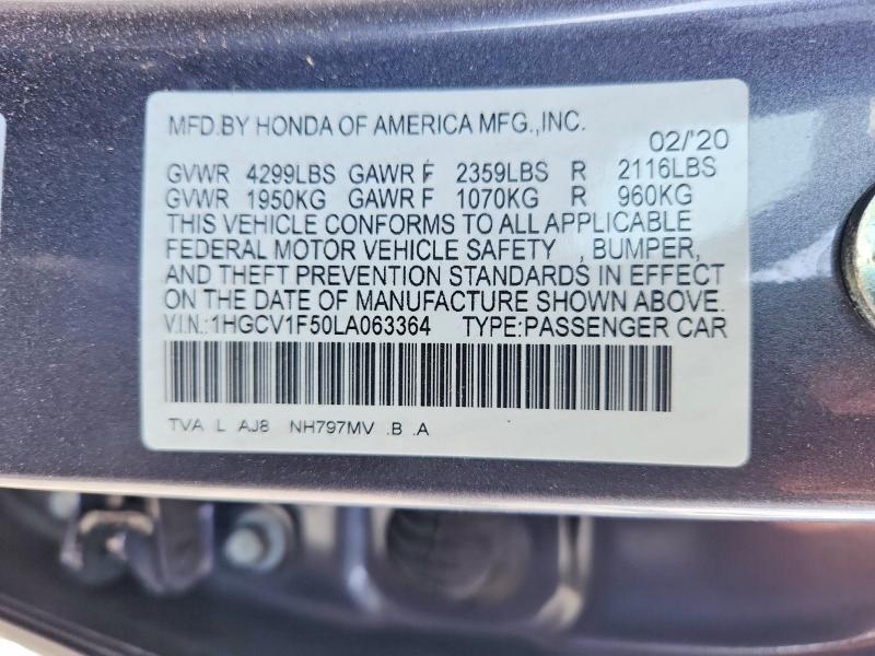2020 Honda Accord მანქანა იყიდება აუქციონზე, vin: 1HGCV1F50LA063364, აუქციონის ნომერი: 68236586