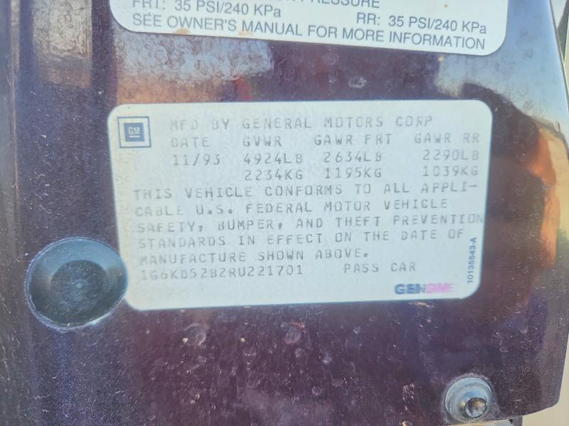 1994 Cadillac Deville მანქანა იყიდება აუქციონზე, vin: 1G6KD52B2RU221701, აუქციონის ნომერი: 68586666
