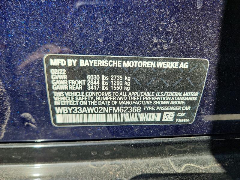 68265086 :رقم المزاد ، WBY33AW02NFM62368 vin ، 2022 Bmw I4 مزاد بيع