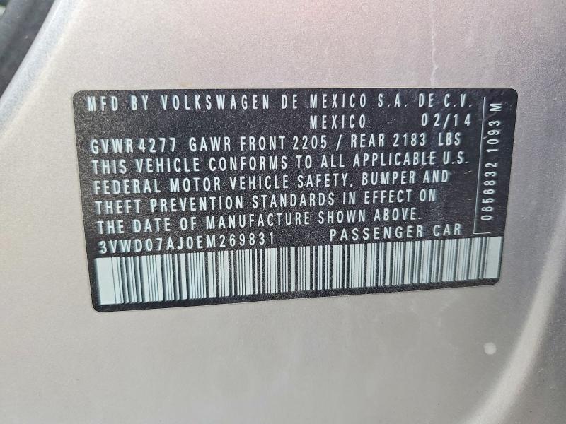 2014 Volkswagen Jetta მანქანა იყიდება აუქციონზე, vin: 3VWD07AJ0EM269831, აუქციონის ნომერი: 69154386