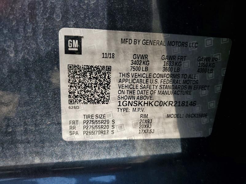 2019 Chevrolet Suburban მანქანა იყიდება აუქციონზე, vin: 1GNSKHKC0KR218146, აუქციონის ნომერი: 67455096