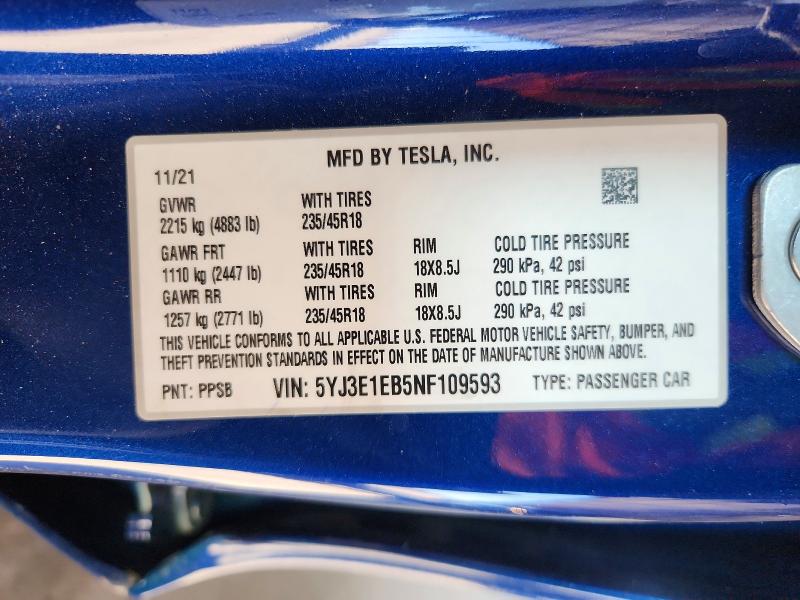 Aukcja sprzedaży 2022 Tesla Model 3, vin: 5YJ3E1EB5NF109593, numer aukcji: 66307236