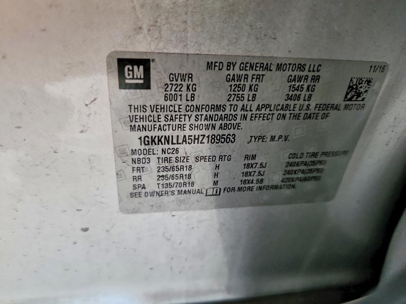 2017 Gmc Acadia მანქანა იყიდება აუქციონზე, vin: 1GKKNLLA5HZ189563, აუქციონის ნომერი: 67670606