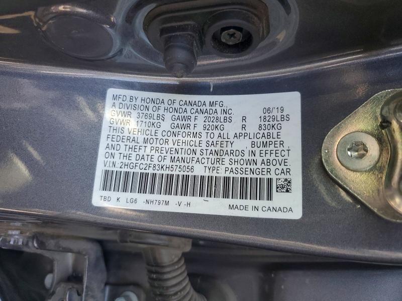 69027056 :رقم المزاد ، 2HGFC2F83KH575056 vin ، 2019 Honda Civic مزاد بيع