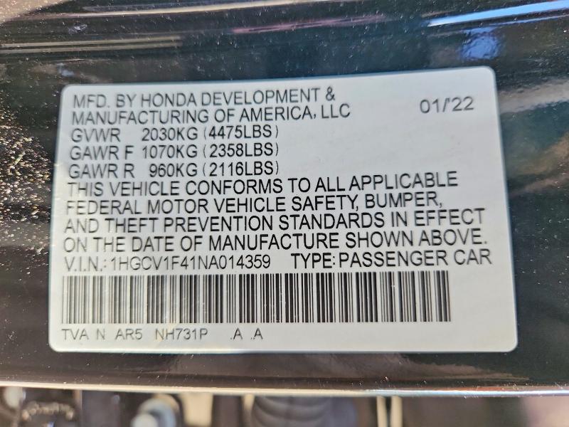 2022 Honda Accord მანქანა იყიდება აუქციონზე, vin: 1HGCV1F41NA014359, აუქციონის ნომერი: 67237576
