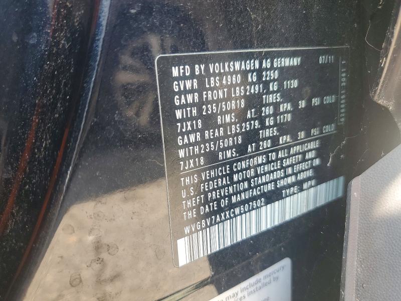 67321246 :رقم المزاد ، WVGBV7AXXCW507502 vin ، 2012 Volkswagen Tiguan مزاد بيع