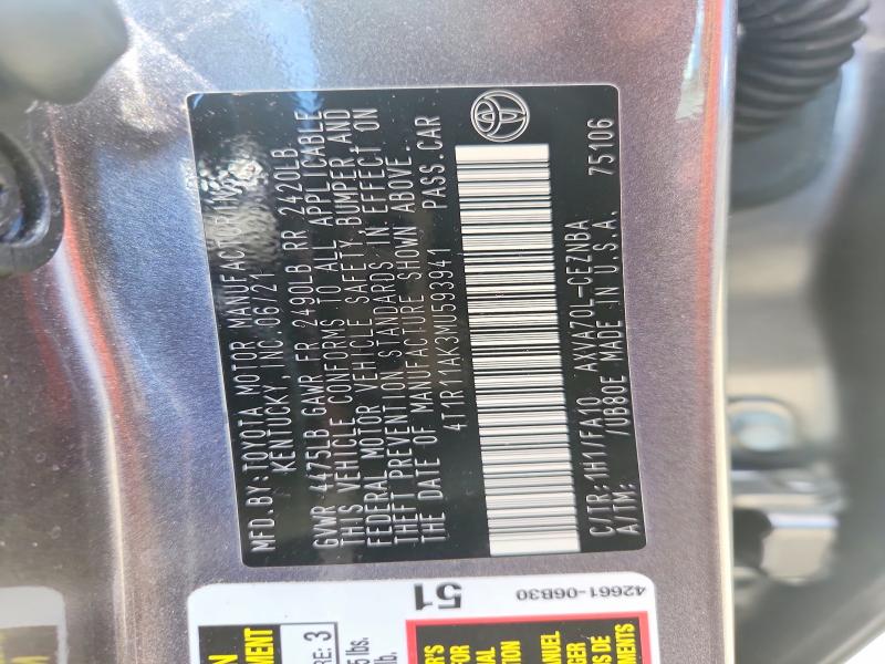 2021 Toyota Camry მანქანა იყიდება აუქციონზე, vin: 4T1R11AK3MU593941, აუქციონის ნომერი: 68288386