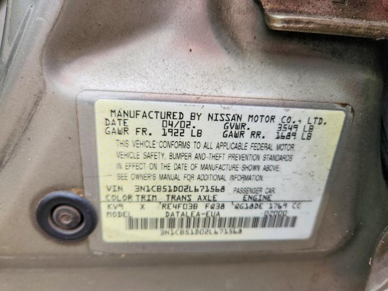 2002 Nissan Sentra მანქანა იყიდება აუქციონზე, vin: 3N1CB51D02L671568, აუქციონის ნომერი: 70550736