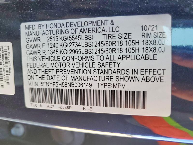 2022 Honda Pilot მანქანა იყიდება აუქციონზე, vin: 5FNYF5H58NB006149, აუქციონის ნომერი: 69489966