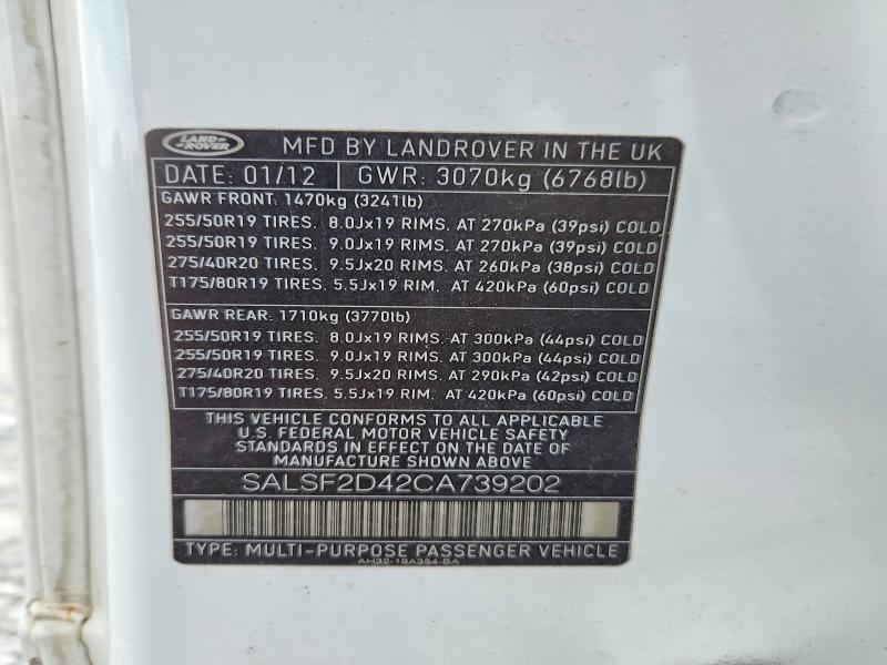 Aukcja sprzedaży 2012 Land Rover Range Rover Sport, vin: SALSF2D42CA739202, numer aukcji: 68954206