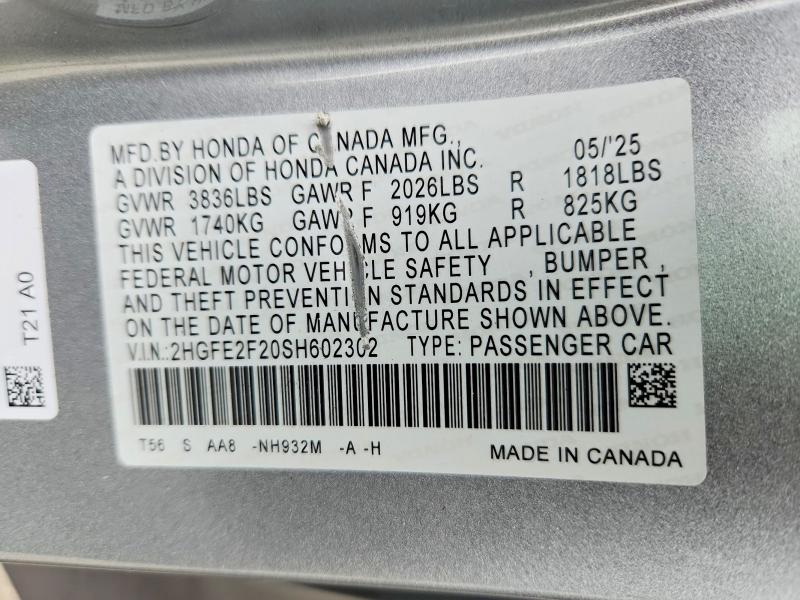 70537016 :رقم المزاد ، 2HGFE2F20SH602302 vin ، 2025 Honda Civic مزاد بيع
