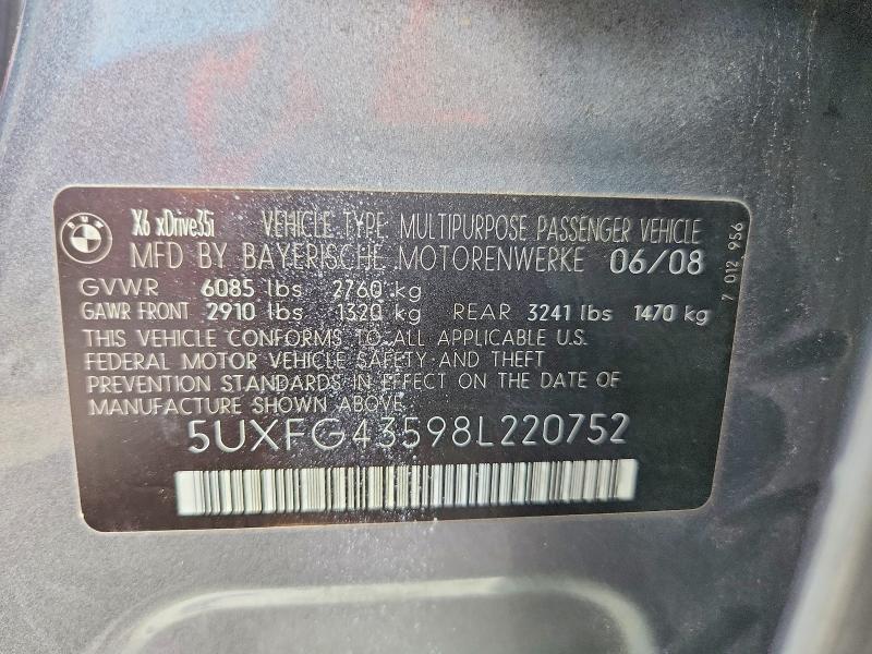 Aukcja sprzedaży 2008 Bmw X6, vin: 5UXFG43598L220752, numer aukcji: 68919416