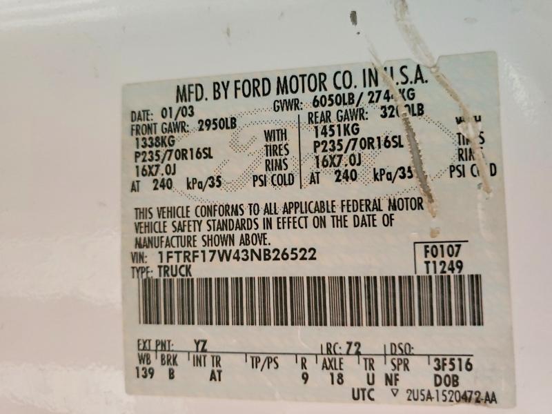 Продажа на аукционе авто 2003 Ford F150, vin: 1FTRF17W43NB26522, номер лота: 70388856