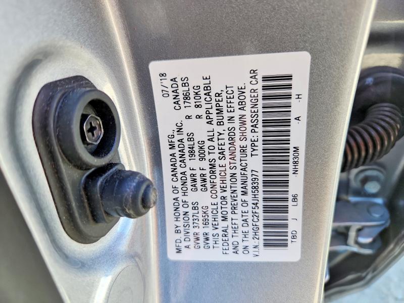 Продаж на аукціоні авто 2018 Honda Civic, vin: 2HGFC2F54JH583977, номер лоту: 69326126
