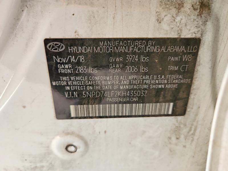 68876396 :رقم المزاد ، 5NPD74LF2KH435032 vin ، 2019 Hyundai Elantra مزاد بيع