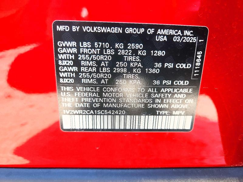 70224796 :رقم المزاد ، 1V2WR2CA1SC542420 vin ، 2025 Volkswagen Atlas مزاد بيع