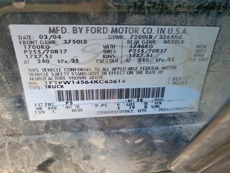 70506096 :رقم المزاد ، 1FTPW14564KC63614 vin ، 2004 Ford F150 مزاد بيع
