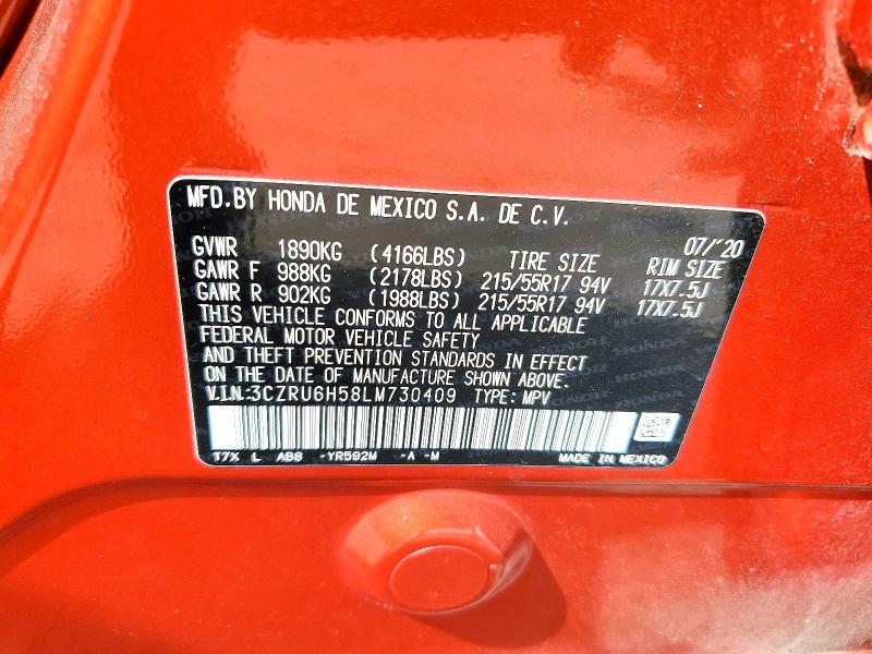 70233066 :رقم المزاد ، 3CZRU6H58LM730409 vin ، 2020 Honda Hr-v مزاد بيع