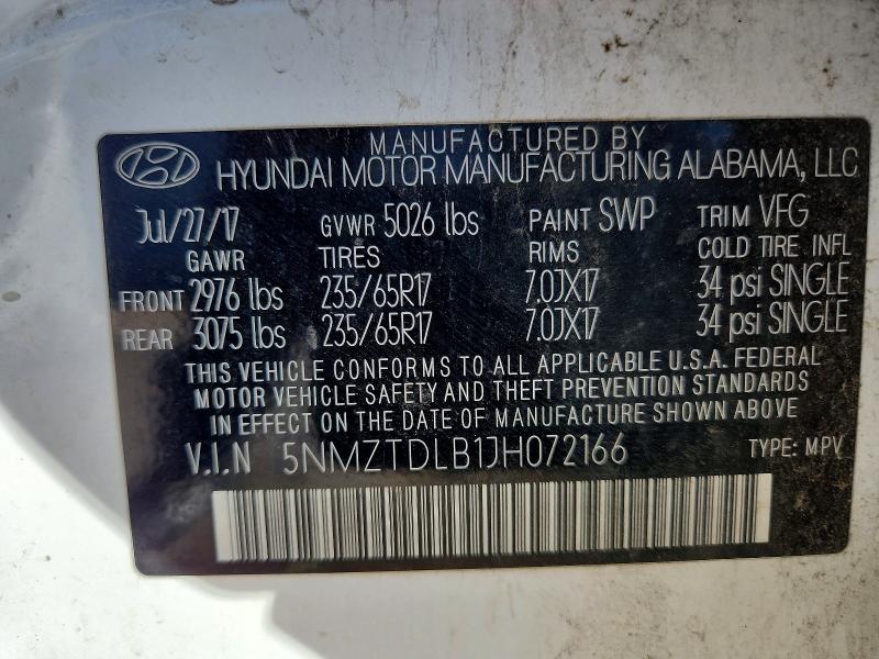 68378306 :رقم المزاد ، 5NMZTDLB1JH072166 vin ، 2018 Hyundai Santa Fe Sport مزاد بيع
