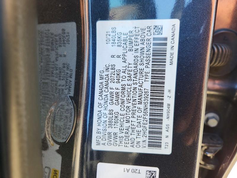 69228136 :رقم المزاد ، 2HGFE2F56NH539267 vin ، 2022 Honda Civic مزاد بيع