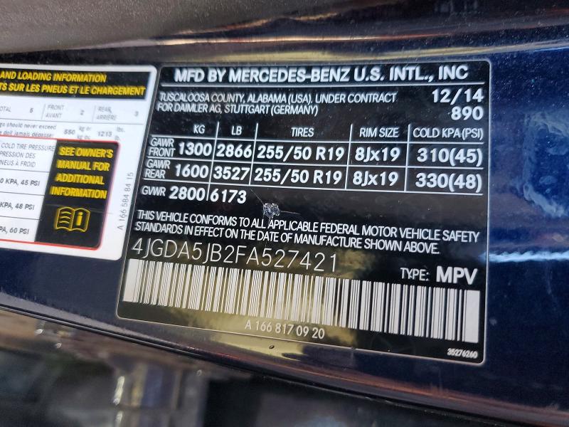69801506 :رقم المزاد ، 4JGDA5JB2FA527421 vin ، 2015 Mercedes-benz Ml مزاد بيع