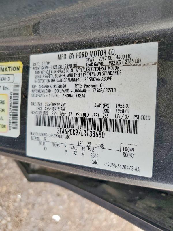 Auction sale of the 2020 Ford Fusion, vin: 3FA6P0K97LR138680, lot number: 69192886