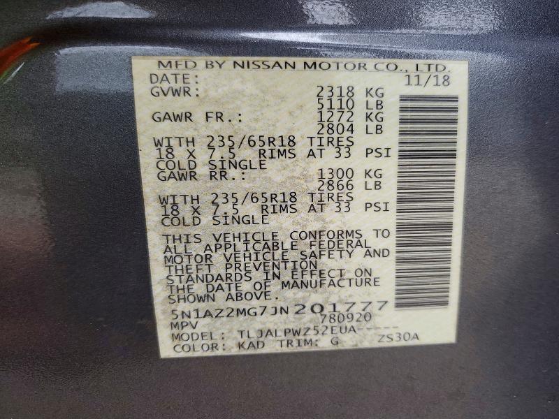 68838516 :رقم المزاد ، 5N1AZ2MG7JN201777 vin ، 2018 Nissan Murano مزاد بيع