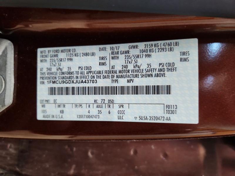 70004986 :رقم المزاد ، 1FMCU9GDXJUA43703 vin ، 2018 Ford Escape مزاد بيع