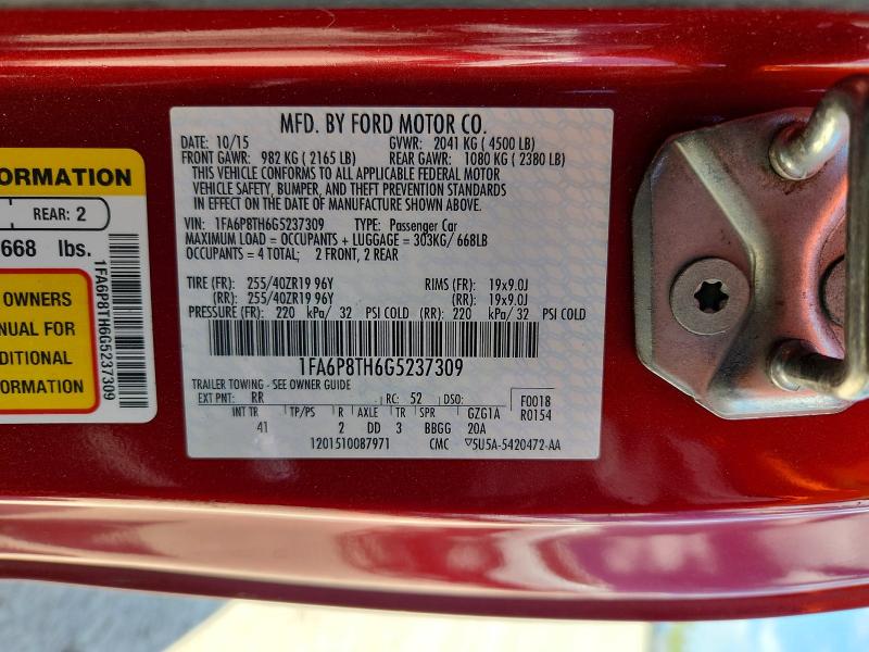 Продажа на аукционе авто 2016 Ford Mustang, vin: 1FA6P8TH6G5237309, номер лота: 69880366