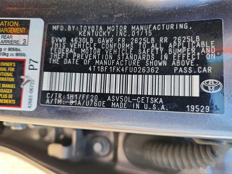 2015 Toyota Camry მანქანა იყიდება აუქციონზე, vin: 4T1BF1FK4FU026362, აუქციონის ნომერი: 67731106