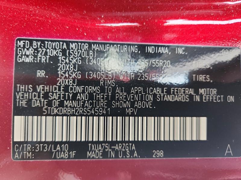 Aukcja sprzedaży 2024 Toyota Highlander, vin: 5TDKDRBH2RS545941, numer aukcji: 68827226