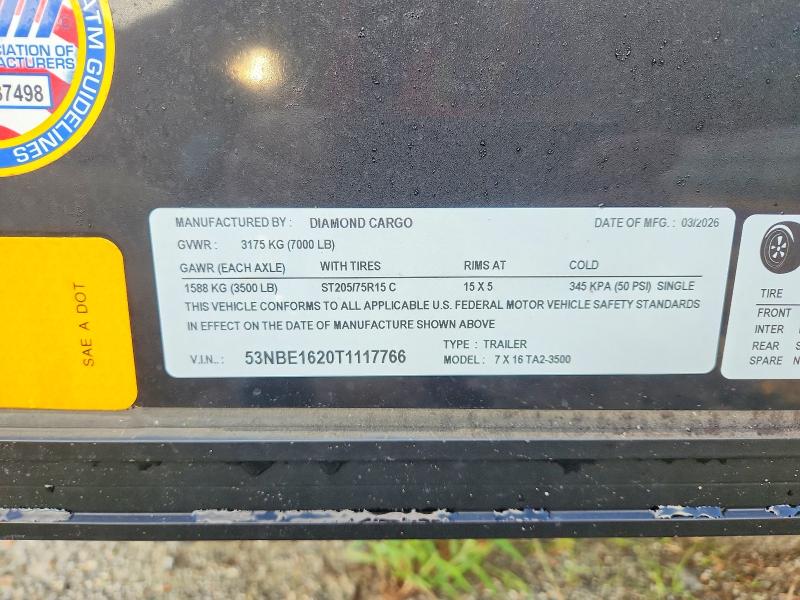 Продаж на аукціоні авто 2026 Diamond Cargo Enclosed Cargo, vin: 53NBE1620T1117766, номер лоту: 68847586