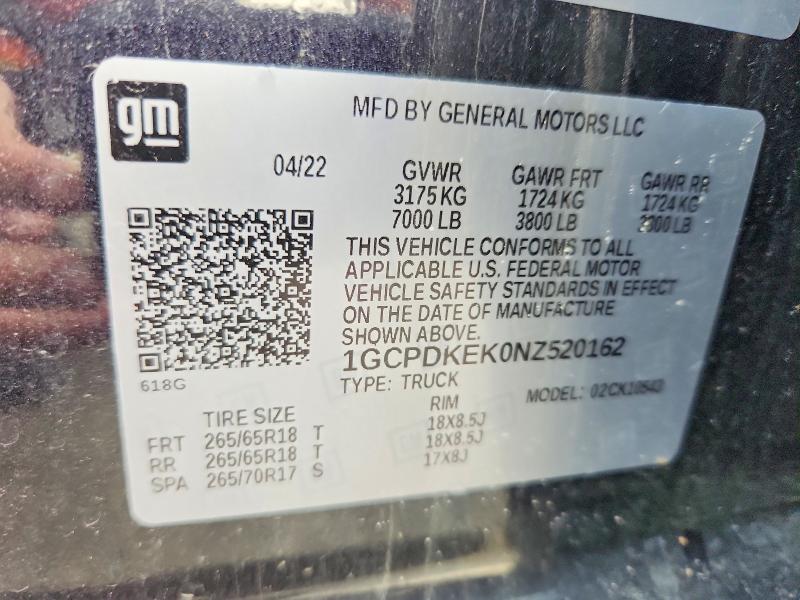 Aukcja sprzedaży 2022 Chevrolet Silverado, vin: 1GCPDKEK0NZ520162, numer aukcji: 66819766