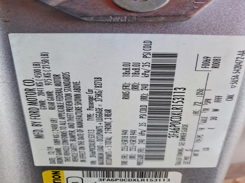 67740336 :رقم المزاد ، 3FA6P0CDXLR153113 vin ، 2020 Ford Fusion مزاد بيع